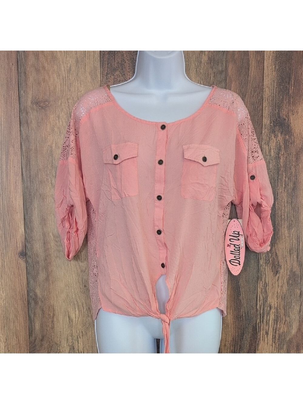 Dolled Up Coral Button-Up Blouse with Lace Details M 158JH